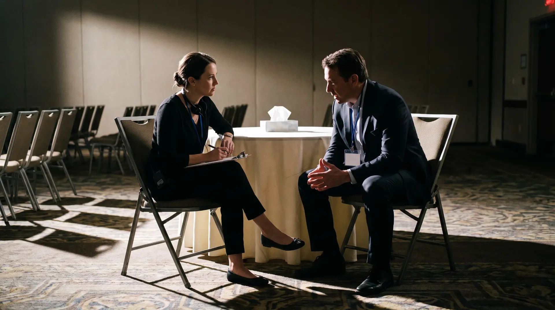 A stage manager dressed in black, headset at her neck and clipboard on her lap, sits across a small table from a man in a suit who is explaining something to her in an empty banquet room.